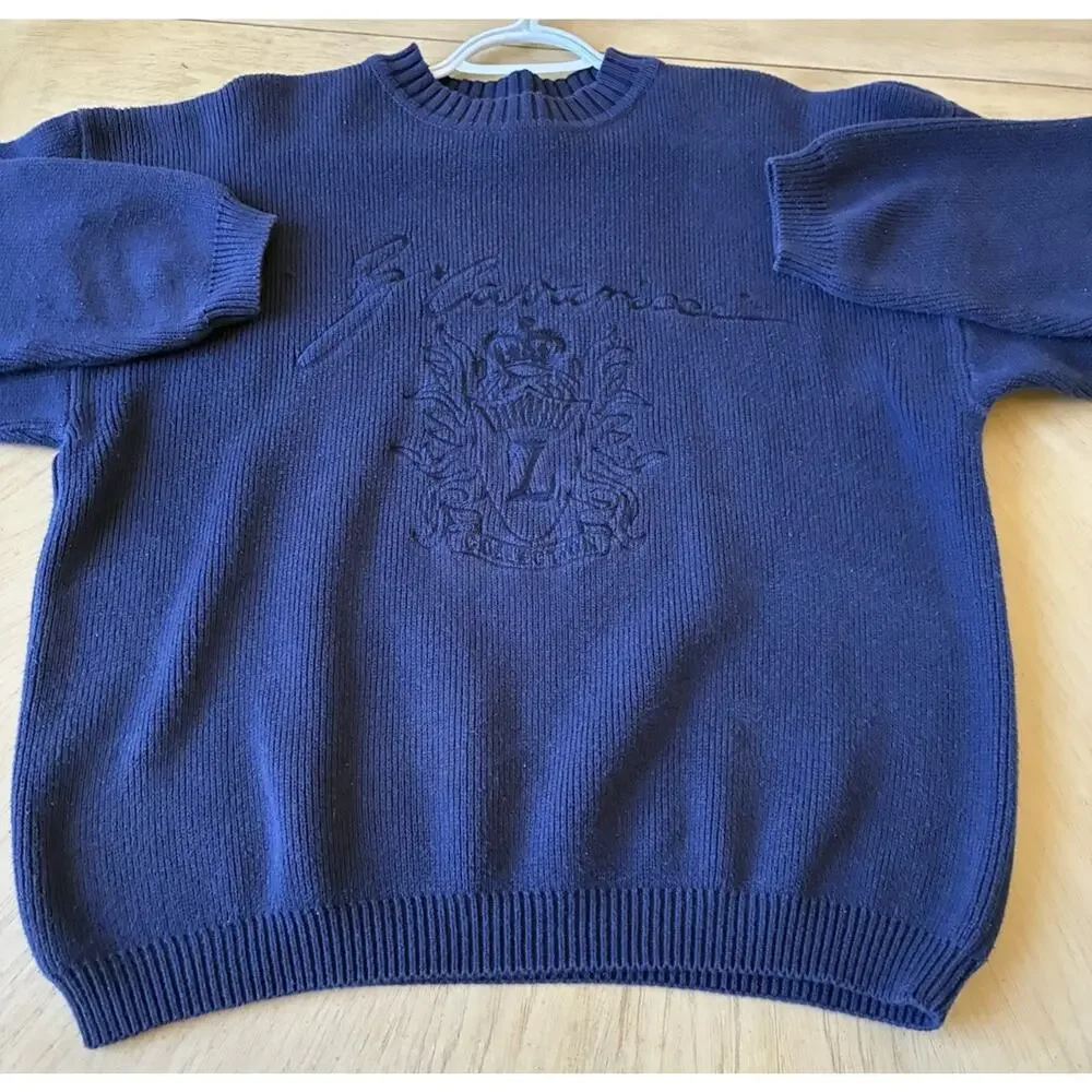 Vintage 80s Z Cavaricci Mens Knit Sweater Fisherman Embroidered Monogram Crest L